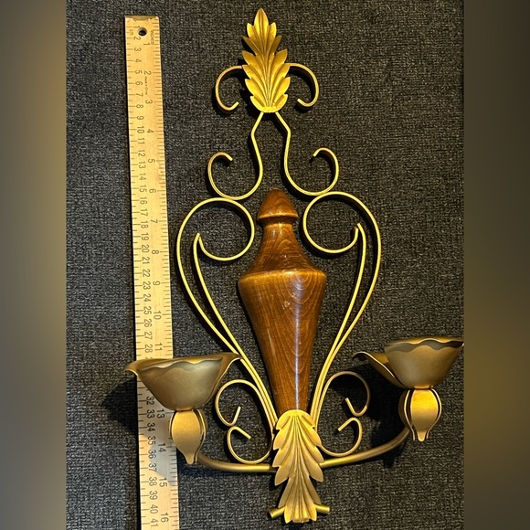 Vintage Wood Metal Double Candle Holder Wall Sconce - Picture 3 of 9